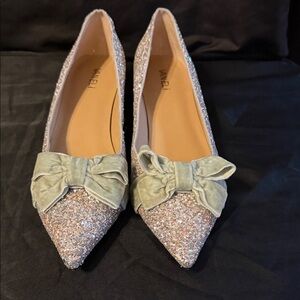 Van Eli Sparkling Silver/Pink Heels with Soft Green Bow